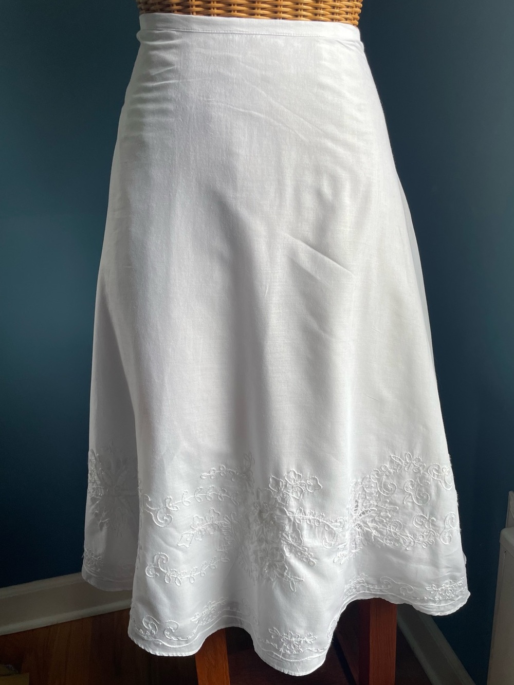 Lauren Ralph Lauren White Embroidered 100% Cotton A-Line Midi Skirt Size 6